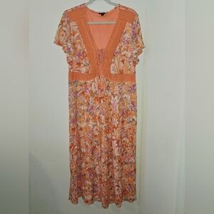 Torrid Floral Orange Midi Dress Lace Trim Flowy Size 14/16